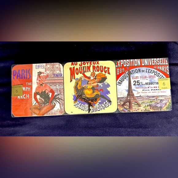 Set of 6 Coasters w/sites of Eiffel Tower &Moulin Rouge in Paris-Never Used - Picture 2 of 4